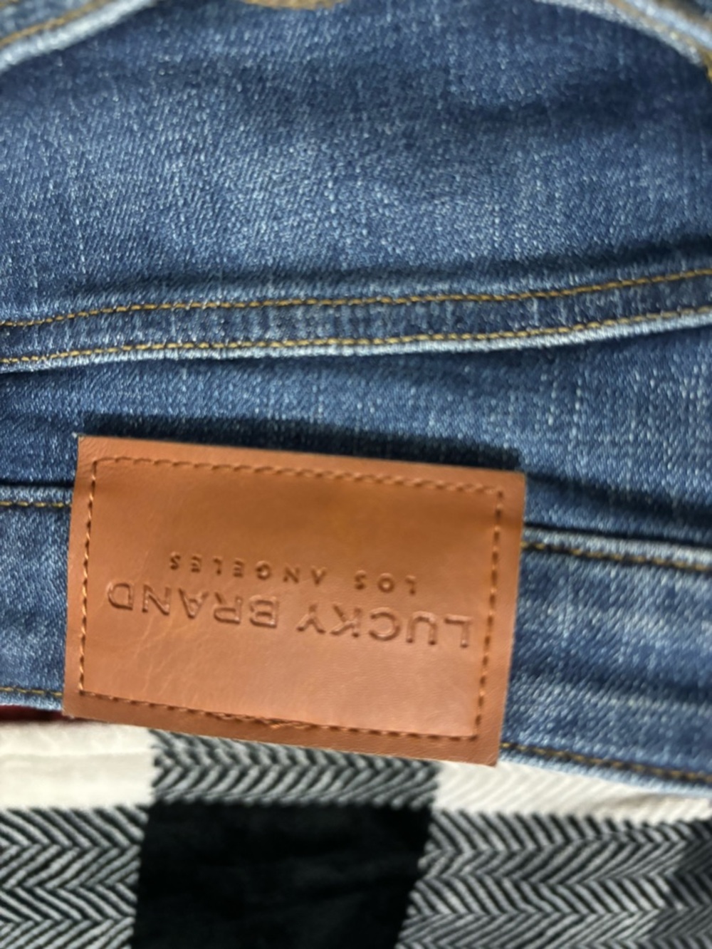 Lucky Brand Women’s Dark Blue Denim Jeans with Tan Leather Patch